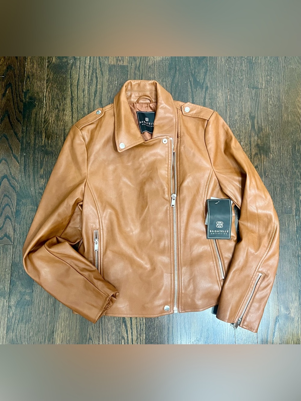Bagatelle Collection Faux Leather Moto Jacket Tan Cognac Size M NWT